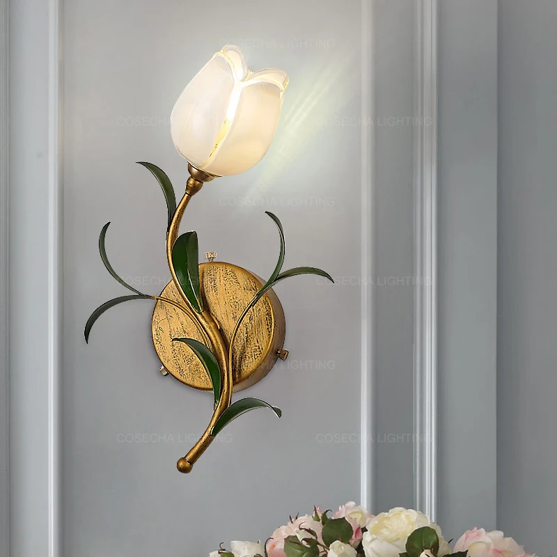 Настенные светильники с цветами и стеклянным оттенком винтажные золотые