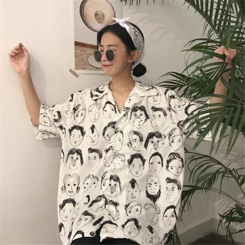 

Spring Korean Ladies V Neck Shirts Short Sleeve Cute Cartoon Print Blouse Women Casual Fashion Shirts Loose Oversize Summer Tops