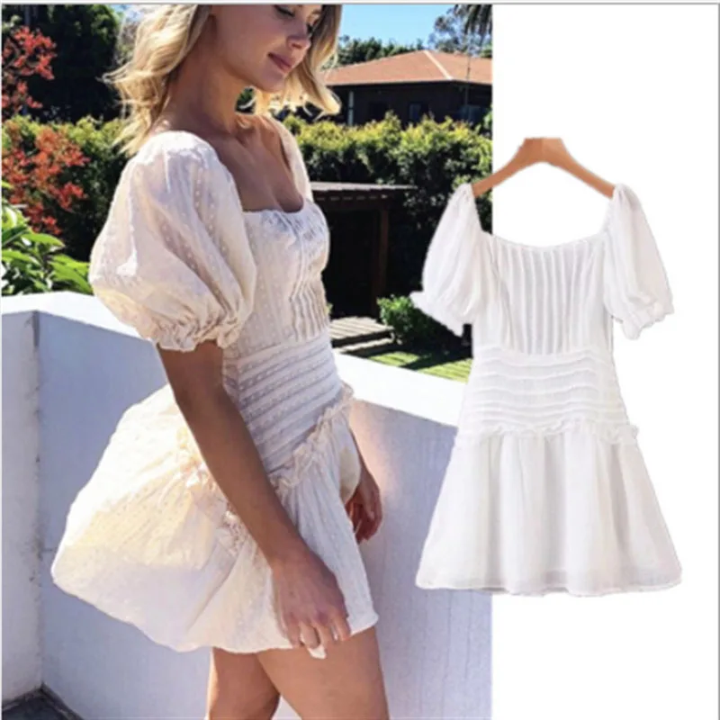 Женское винтажное платье с коротким рукавом-фонариком белое платье-трапеция