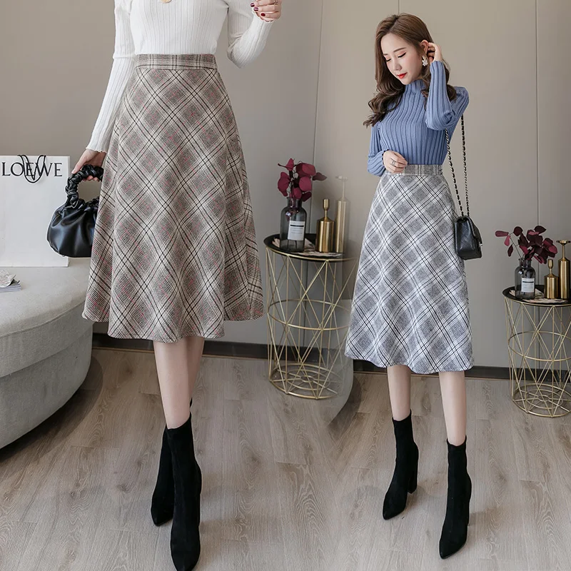 

2020 Autumn Winter Elegant Women Vintage Plaid Woolen Midi skirts High Waist Retro Female A-Line Office lady skirt