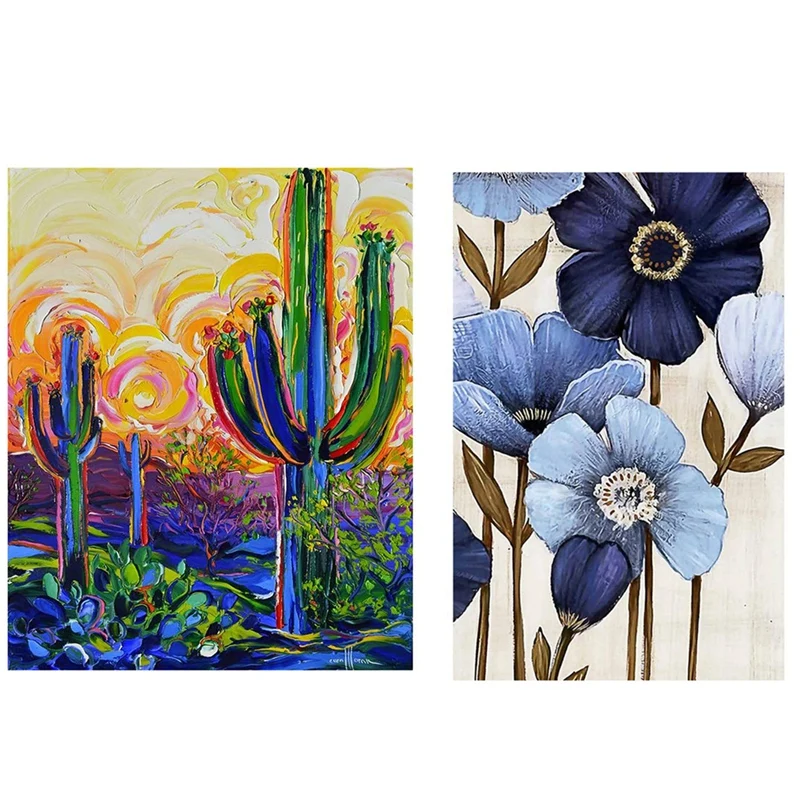 

2 набора, 5D алмазная живопись, вышивка крестиком, украшение для дома, кактусы и абстрактные синие цветы