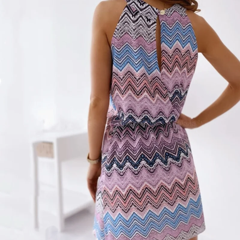 

Sexy hollow halter beach dress ladies elegant wave stripe printing halter neck party dress summer ladies sleeveless mini dress