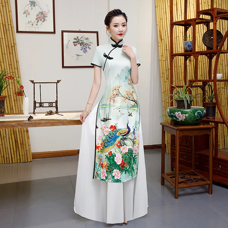 

White Plus Size 4XL 5XL Chinese Traditional Women Aodai Print Flower Qipao Vintage Cheongsam Novelty Chinese Formal Dress