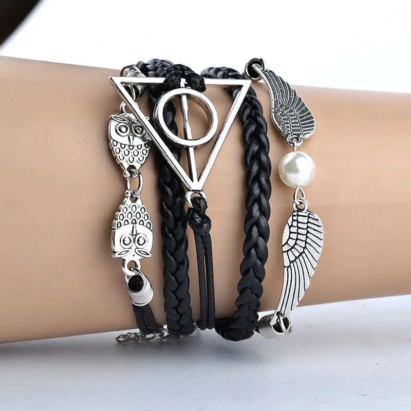 

Movie Jewelry Owl Wings Triangle Bracelet Black Brown Leather Rope Vintage Retro Punk Steampunk For Fans Accessories Gift
