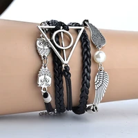 movie jewelry owl wings triangle bracelet black brown leather rope vintage retro punk steampunk for fans accessories gift