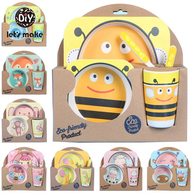 

Let's Make Baby Bamboo Bowl+Spoon+Fork Feeding Food Tableware Set Cartoon Aniaml Bee Kid Dishes Bamboo Feeding Bowl Dinner Plate
