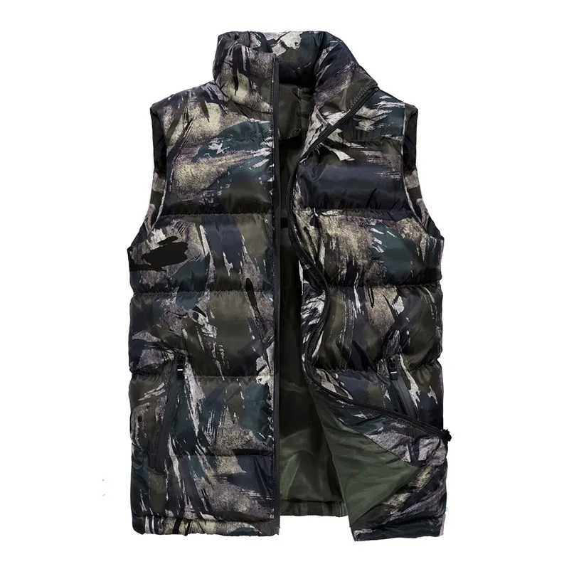 

Male Camouflage Casual Vest Down New Autumn Winter Men Sleeveless Jacket Classic Windbreaker Parka Baggy Hooded Outerwear 6XL