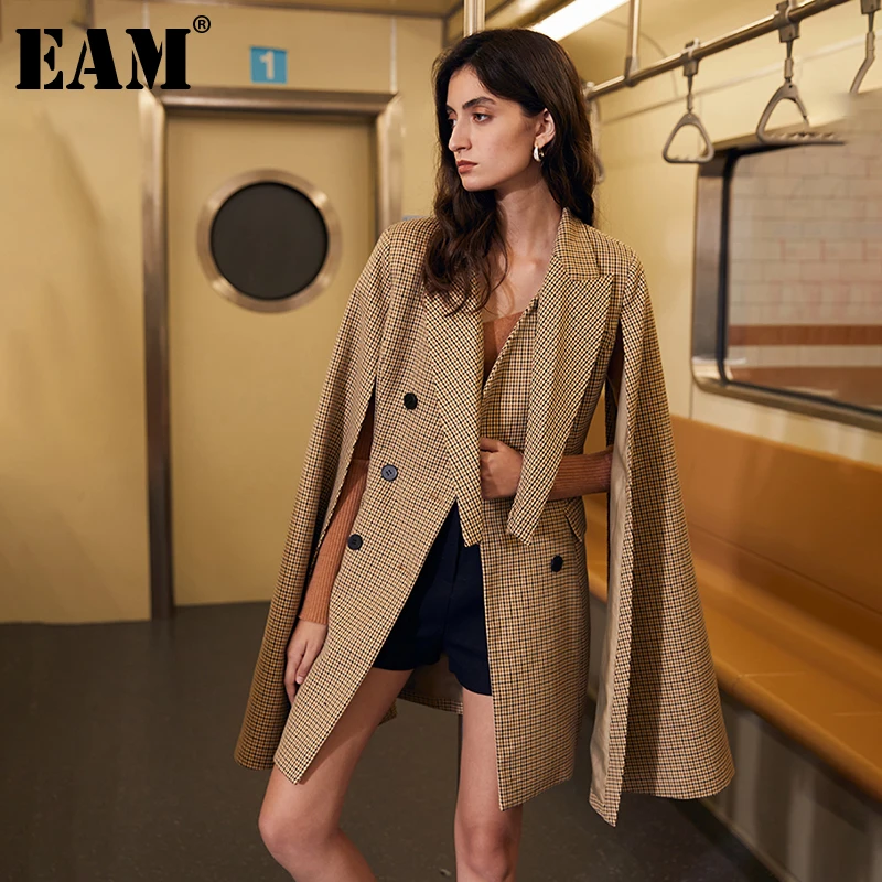 

[EAM] Women Khaki Plaid Long Irregular Cross Dress New Lapel Long Sleeve Loose Fit Fashion Tide Autumn Winter 2021 1DD1386