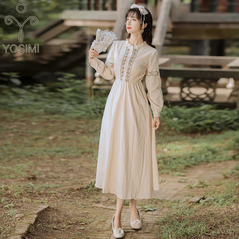 Женское платье с цветочной вышивкой YOSIM элегантное бежевое Хлопковое миди