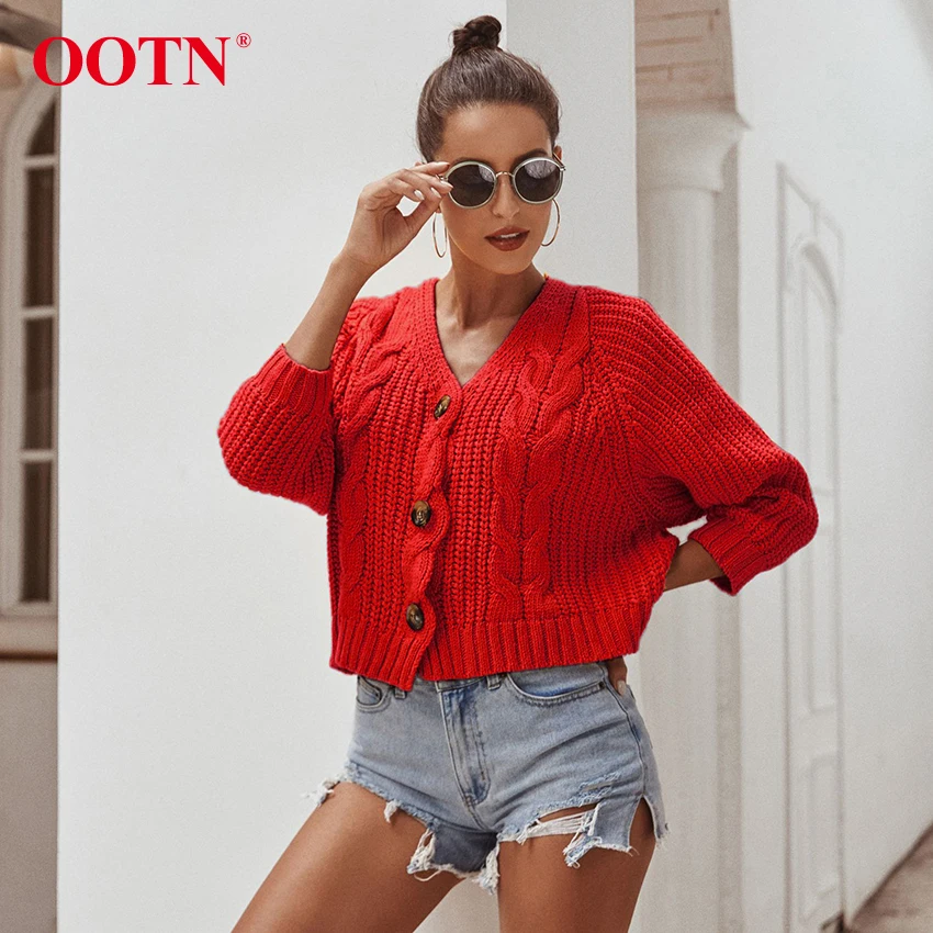 OOTN однобортный вязаный крючком пуговицы для кардигана короткий зимний женский свитер с длинным рукавом Повседневная Верхняя одежда свитер пальто