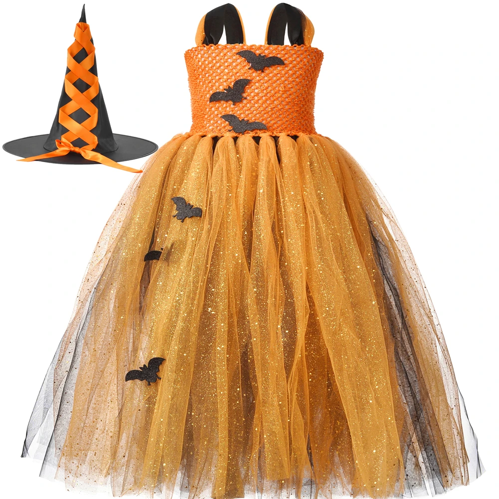 

Orange & Black Girls Bat Witch Tutu Dress Pumpkin Halloween Costume Kids Clothes Sparkle Tulle Girls Fancy Carnival Party Dress