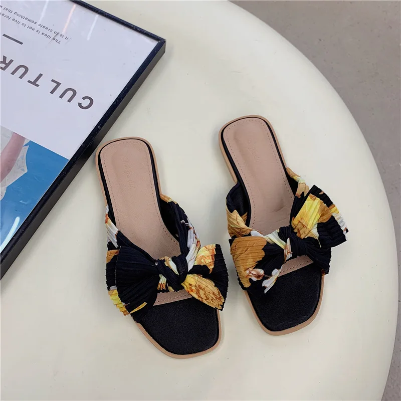 

Female Shoes Slippers Soft Luxury Slides Low Butterfly-Knot 2021 Comfort Designer Summer Flat Basic Fashion PU Cotton Fabric But