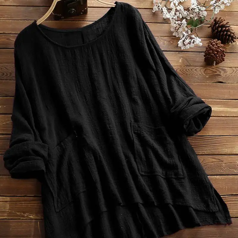 Mferlier Autumn New Womens Blouses O Neck Long Sleeve Pockets Irregular Hem Ladies 6XL 7XL 8XL Plus Large Size Red Casual Tops |