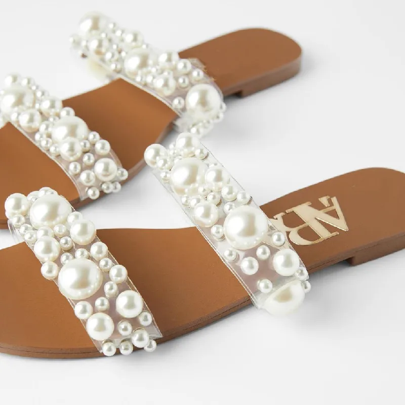 

2021 Summer New Pearl String Bead Slippers Womens Flat Sandals Beach Shoes Casual Slippers Female Womens pearl Shoes