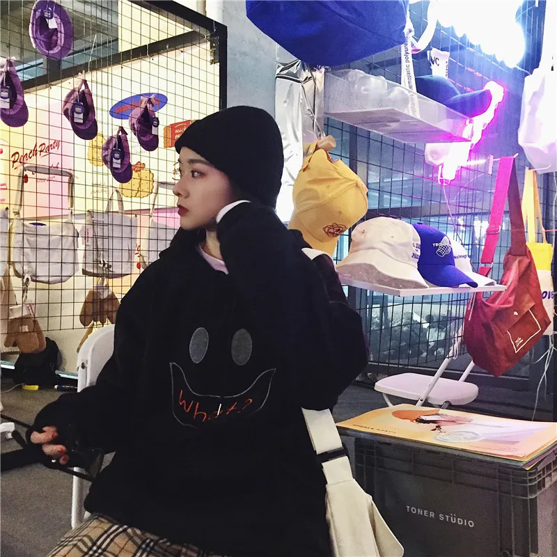Harajuku толстовка женская вышитая смайлик бархатная Толстовка пуловер с капюшоном