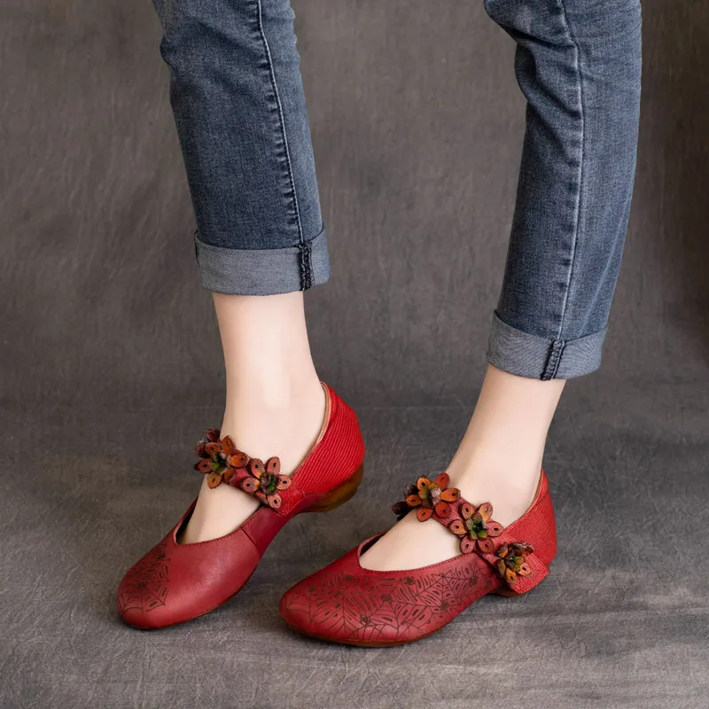 

Women Leather Pumps Mary Jane Shoes for Women Spring Low Heels Soft Flower Shoes Lady Genuine Leather Red Shoes Women Brand 2021
