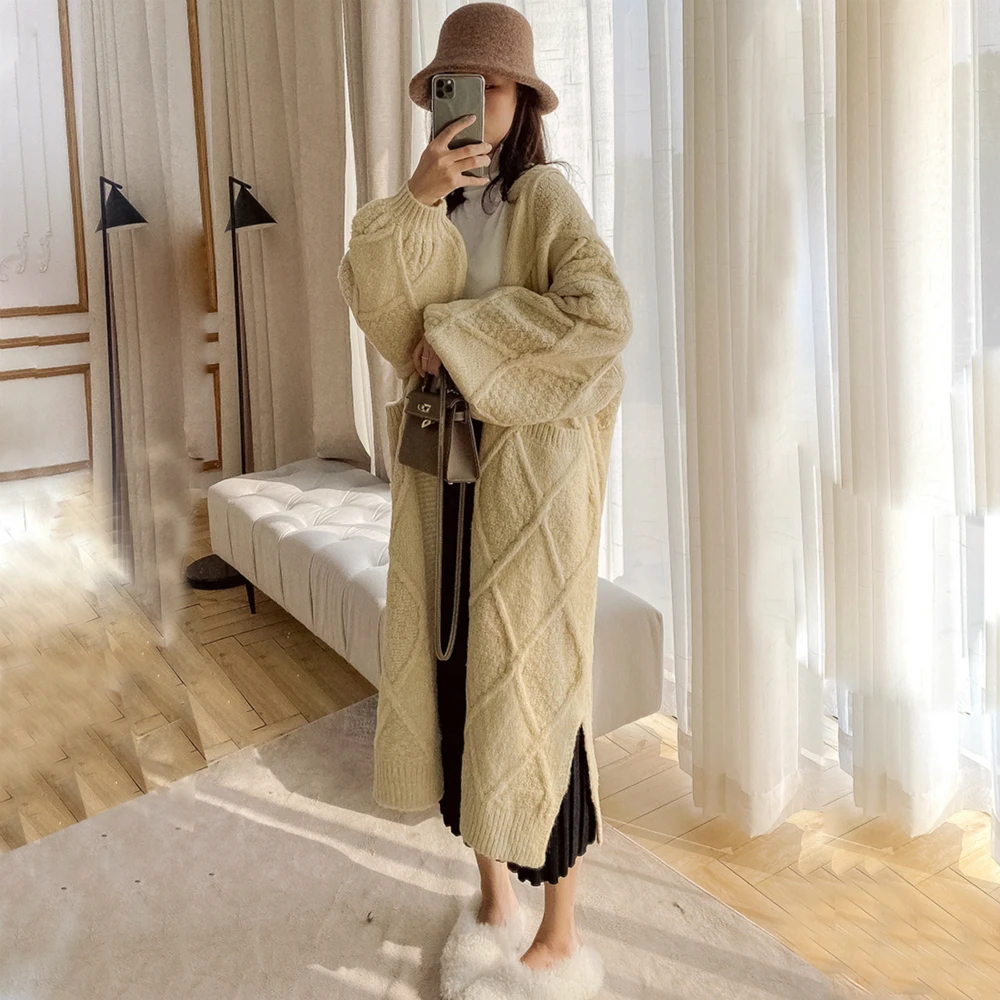 Женский Свободный Длинный Свитер С перекрученной тканью рукав-фонарик вязаный