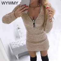 autumn zipper v neck party dress women casual solid sexy elegant long sleeve knitted hip wrap dress vintage bodycon mini dresses