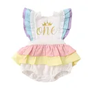 Размер от 0 до 24 месяцев, Одежда для новорожденных и для маленьких девочек Комбинезон с рюшами без рукавов с надписями и принтом с короной; Свитер с изображением радуги комбинезон для дня рождения, летняя одежда