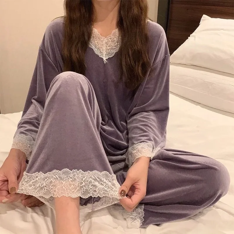QWEEK Autumn Winter New Long Sleeve Pajamas Pj Sets for Women Purple Blue Solid Color Lace Pijamas Silky and Warm Home Clothes