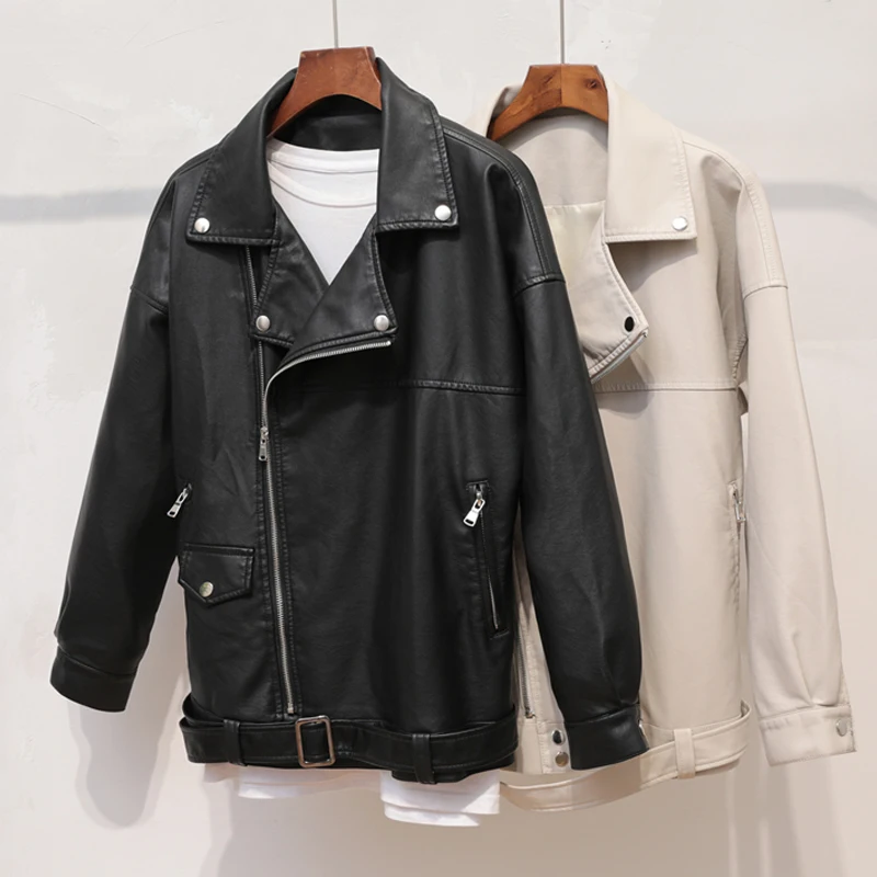 Куртка женская из искусственной кожи на молнии с поясом | Женская одежда