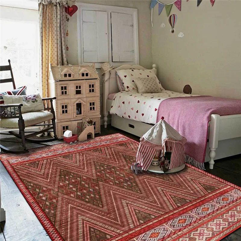 

RETRO Geometric Rug Red-Brown Geometric Diamond Ethnic-Style Carpet Living Room Bedroom Bed Blanket Kitchen Bathroom Floor Mat