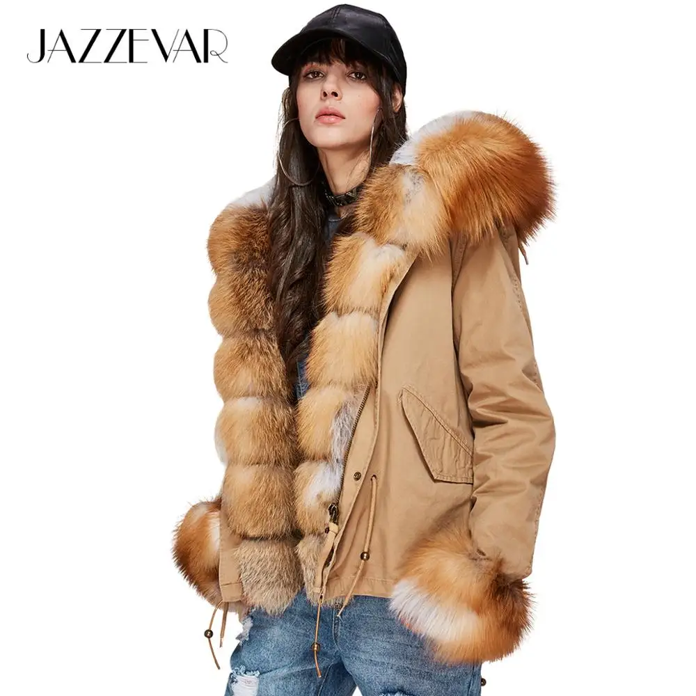 JAZZEVAR Новая модная куртка женская роскошная большая с натуральным лисьим меховым воротником и манжетами с капюшоном короткие парки верхняя одежда зимняя куртка