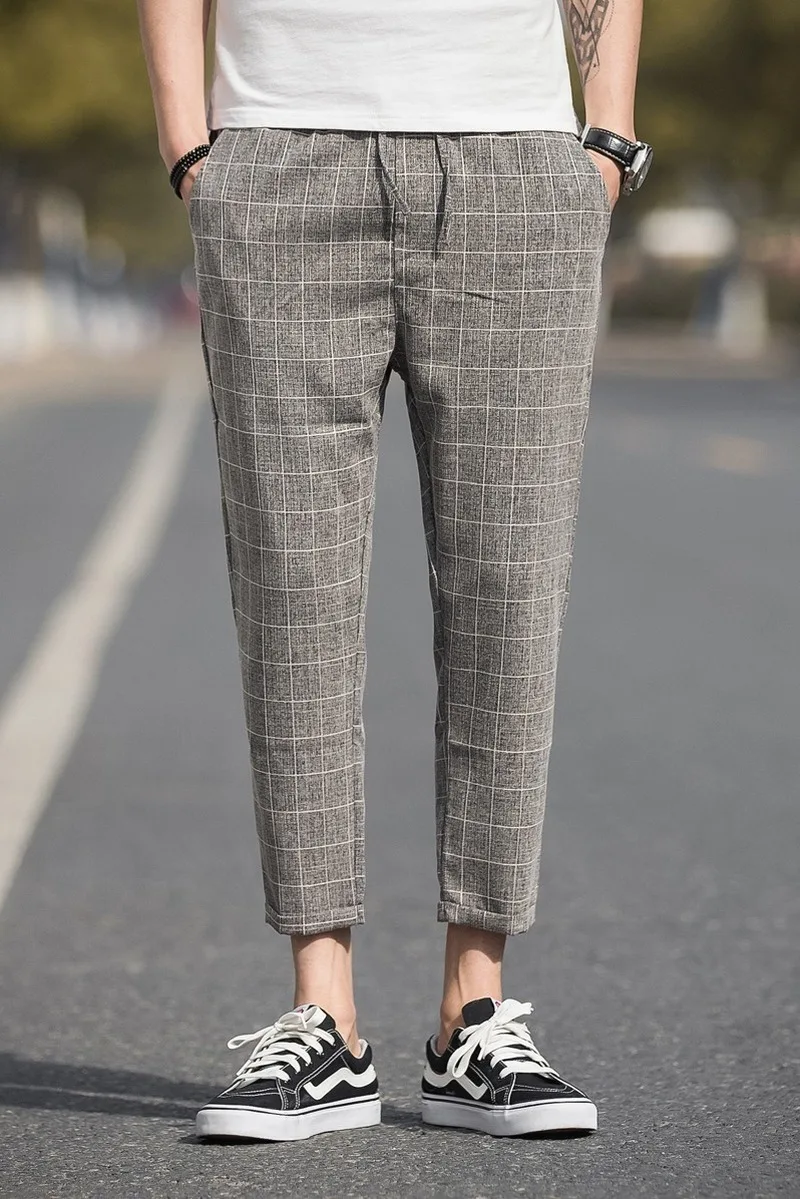 

Men Clothing 2021 Summer Men's Breathable Comfortable Linen Plaid Casual Trousers Men's Nine-point Casual Pants Trendy Loose