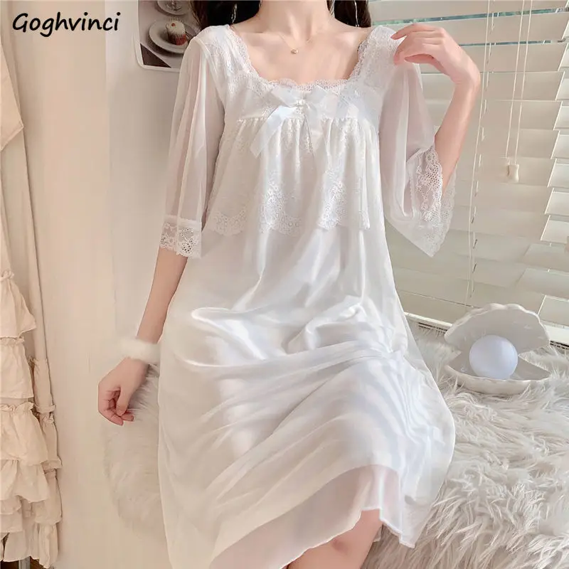 

Nightgowns Women Pure Color Elegant Popular Vintage Mid-calf Nightdress Lace Girlish Square Collar Sleepwear Cozy Homewear Ins