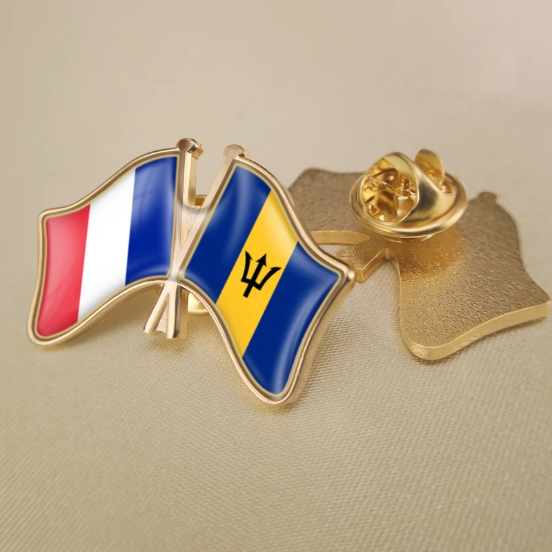 

France and Barbados Crossed Double Friendship Flags Lapel Pins Brooch Badges