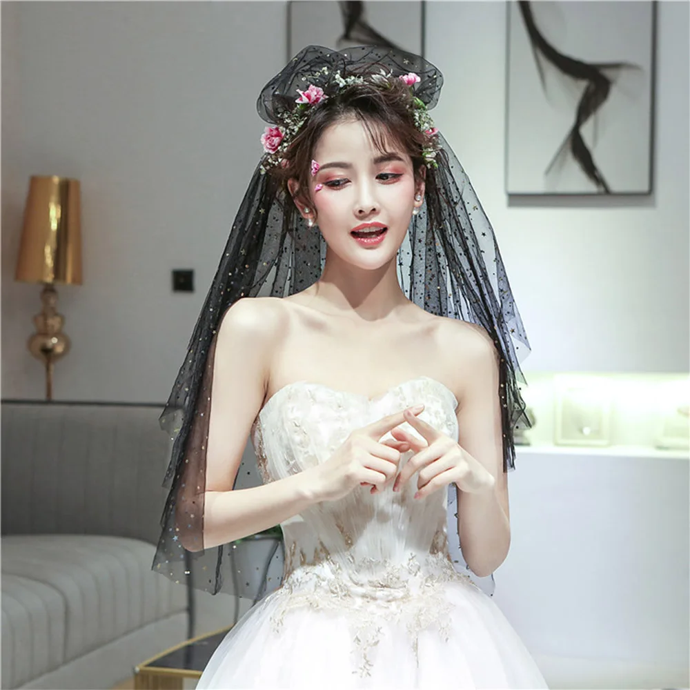 Блестящий черный многоярусный Свадебный Фата чехол для Хэллоуина модные