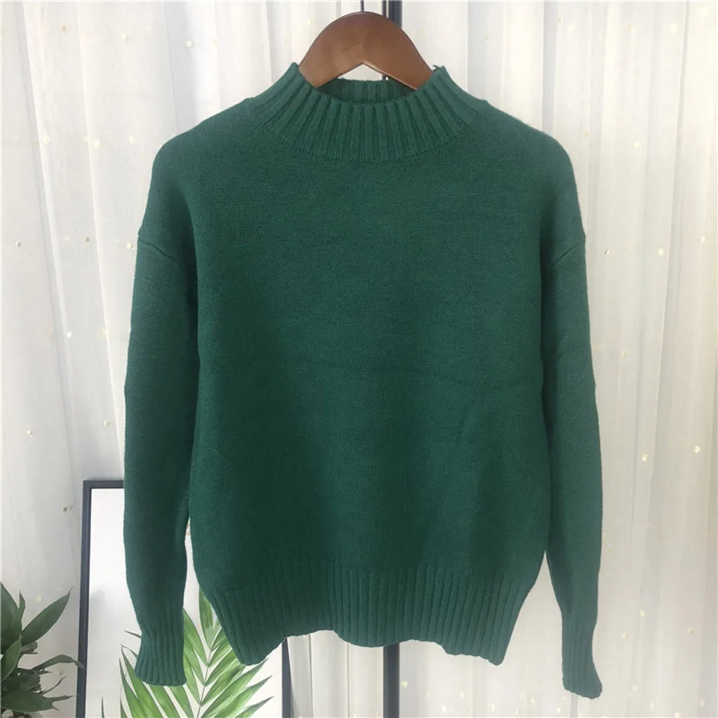 New Loose Thick Warm Winter Pullover Sweater Women Embroidery Jumper Half Turtleneck Long Sleeve Knit Yellow Sweater Female