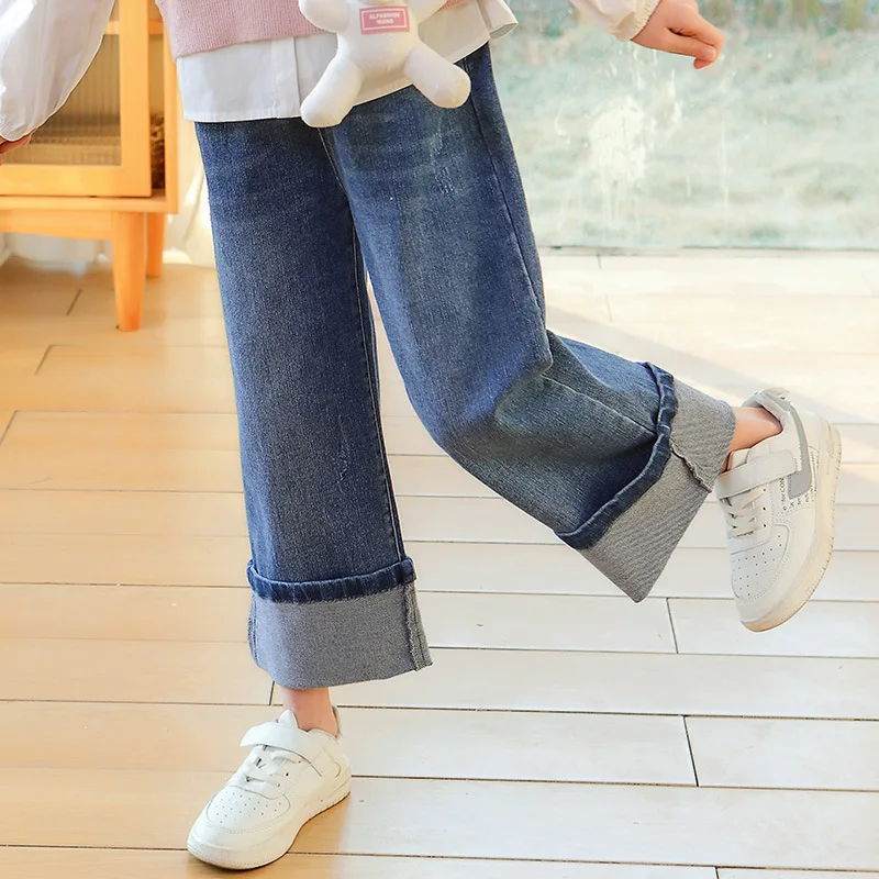 

Children Casual Jeans For Girls Fashion Elastic Waist Denim Pants Kids Daily Straight Style Trousers Chil Teens Clothing