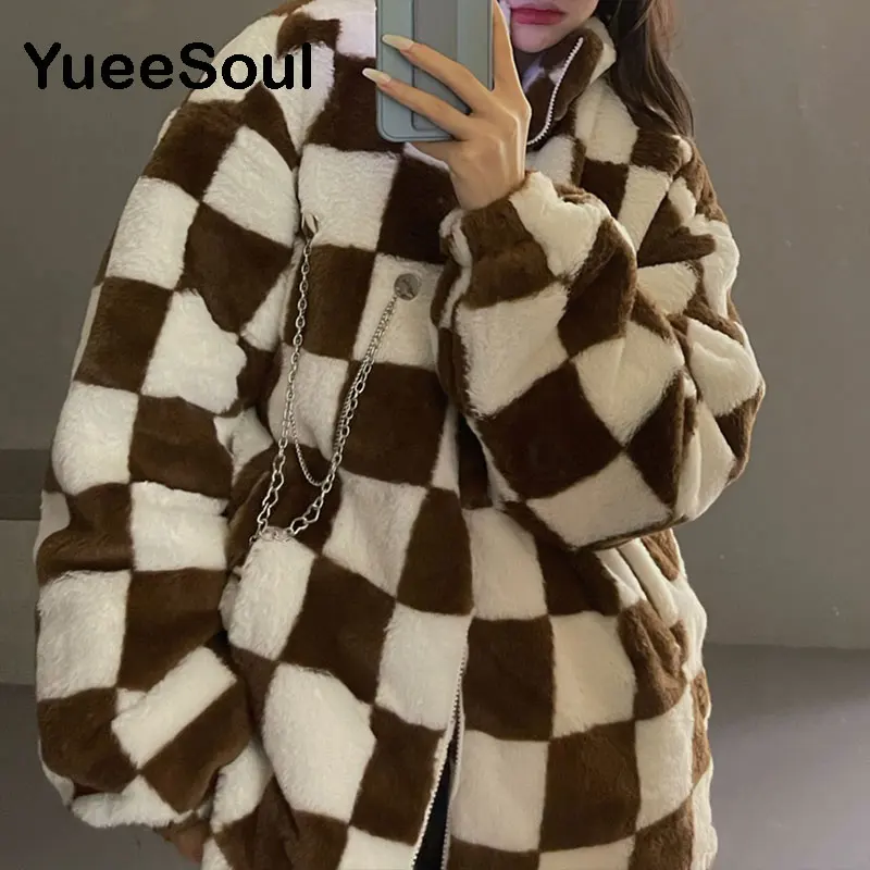 

2021 New Winter Warm Plaid Women's Jacket Stand Collar Velvet Padded Cardigan Coat with Chain Y2K Vintage Casual Oversized Parka