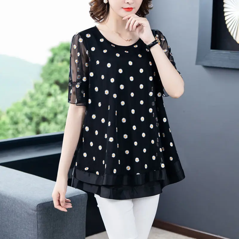 

Large Size Women Summer Short Sleeve Loose Blouses Shirts Ruffle Temperament Tops O-Neck Casua Chiffon BlusasMM0162