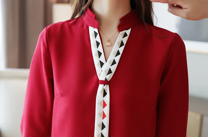 Dingaozlz blusa feminina Elegant Chiffon shirt Long sleeve Ladies blouse Red White Office lady shirt Patchwork Women Tops