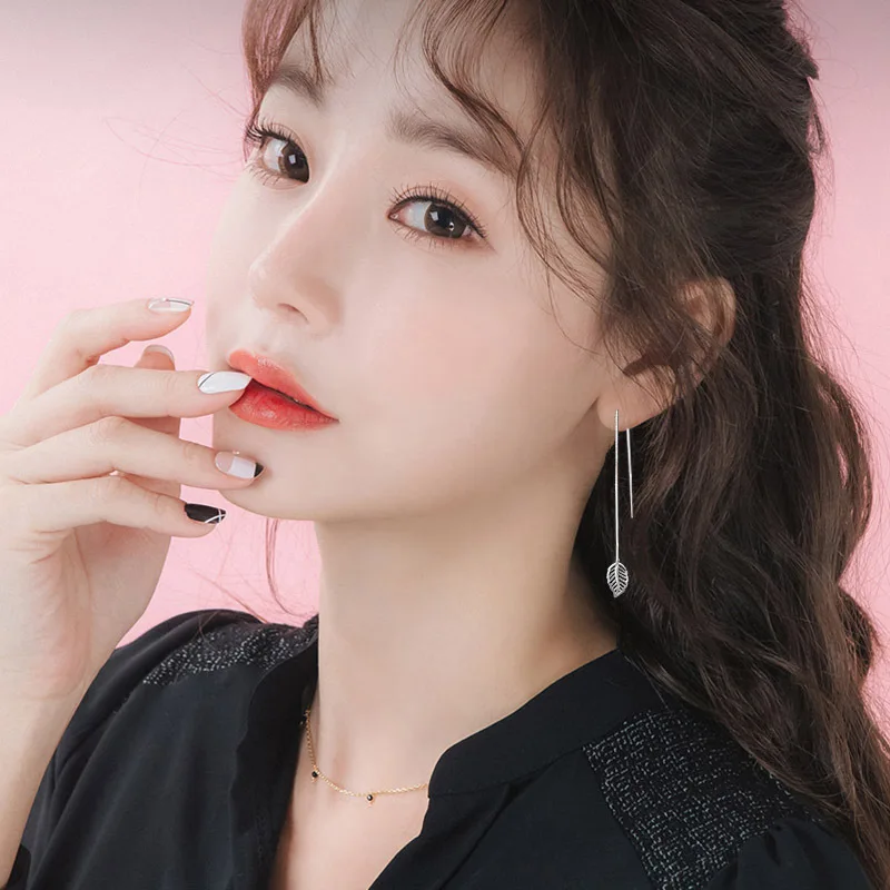 Серьги серебряного цвета Панк с листьями S925 Оливковый лист длинные кисточки