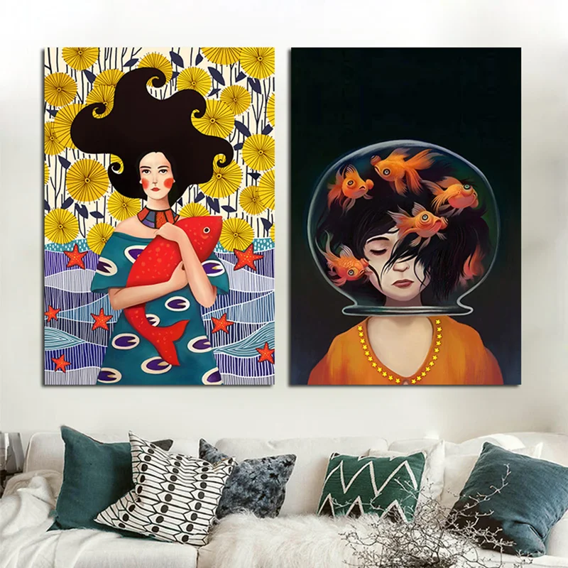 Modern Women With Long Hair Poster Painting Printed Unframed Canvas Cuadros Wall Home Decor For Bedroom Office Pictures | Дом и сад