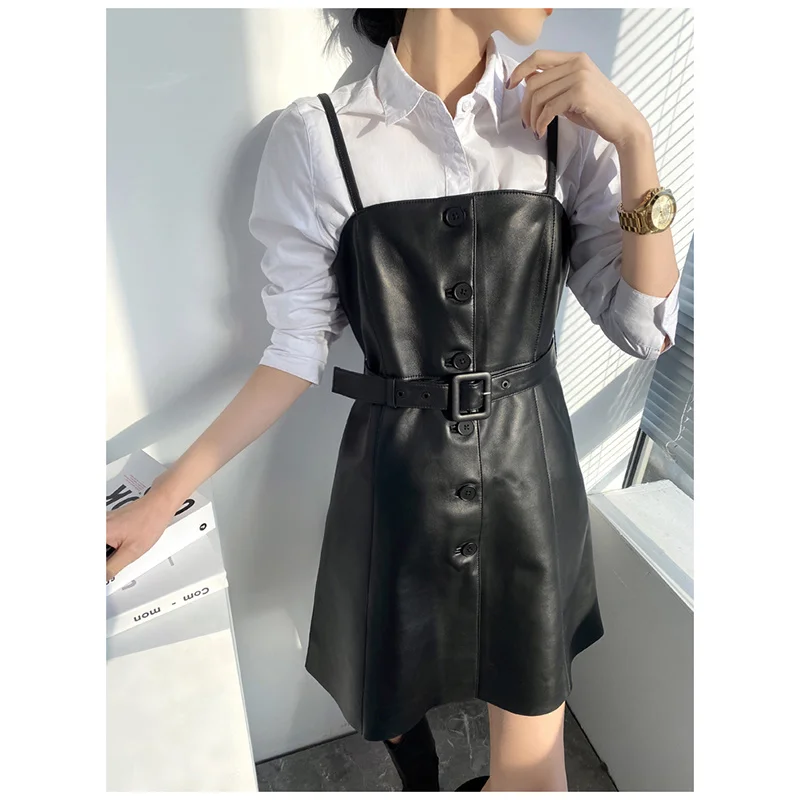 

SHZQ 2021 New Korean Leather Suspender Leather Skirt Autumn Slim Real Sheepskin Leather Women Dress