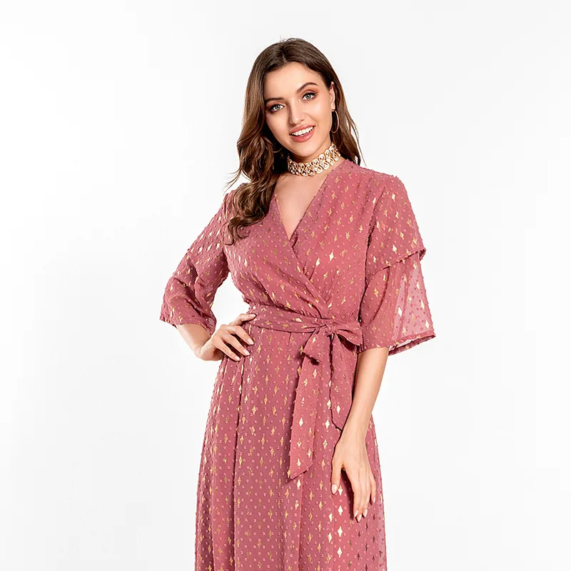 Dubai Jalabiya Dress Loose Long Braided Trim V Neck Women Muslim Arabic Ethnic Abaya Gown Oman Morocco Kaftan Party Evening Eid