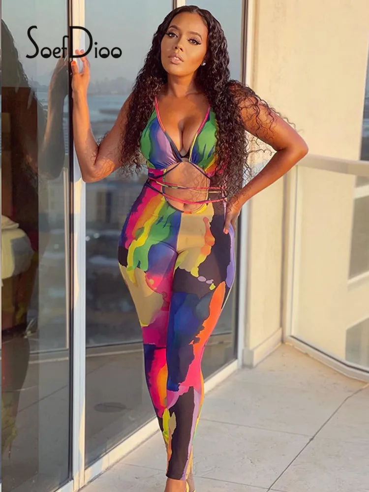 

Soefdioo Print V-Neck Hollow Out Bandage Bodycon Jumpsuits Women Fashion Streetwear Summer Fitness Sporty Rompers Overalls 2021