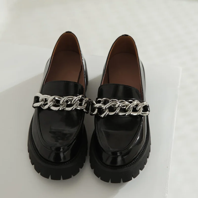 

Meotina Women Block Heels Pumps Real Leather Platform Mid Heels Shoes Cow Leather Chain Round Toe Shoes Ladies Black 2021 33-43