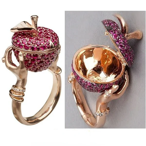 

2021 New Woman Fashion Rose Color Rings for Women Holding Apple Hand Amethyst Zircon Ring Engagement Wedding Jewelry Gift