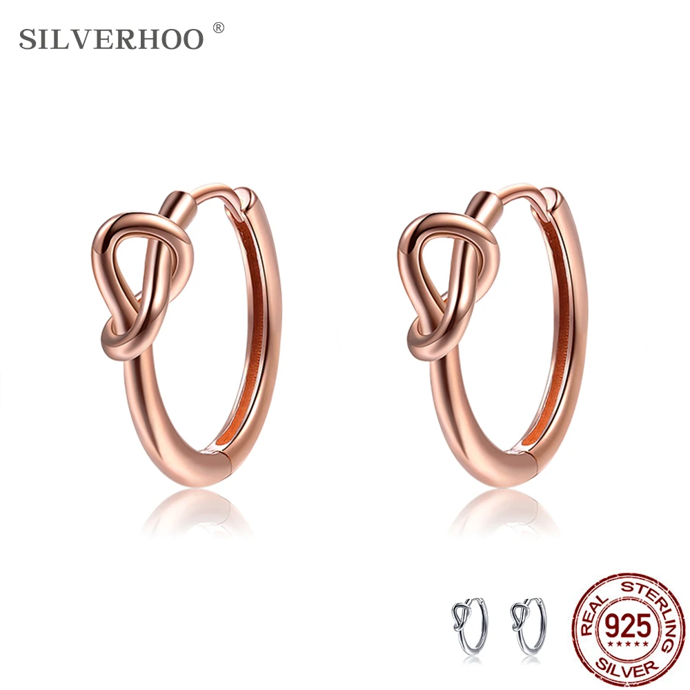 

SILVERHOO Genuine 925 Sterling Silver Romantic Heart Knot Hoop Earrings For Women Simple Circle Small Earring Handmade Jewelry