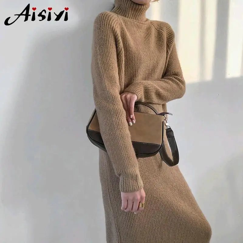 Платье свитер с высоким воротом женское зимнее теплое длинным рукавом реглан до