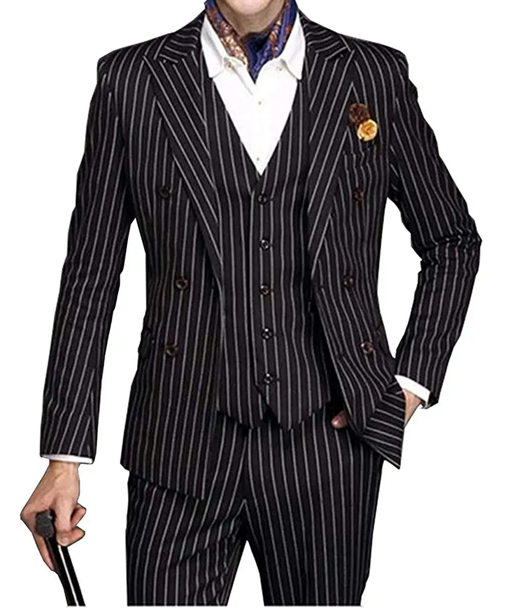 2020 New Slim Fit Mens Suit Set 3 Piece Double-breasted Wedding Groomman Pinstripe Notched Lapel Tuxedos Blazer+Veat+Pants