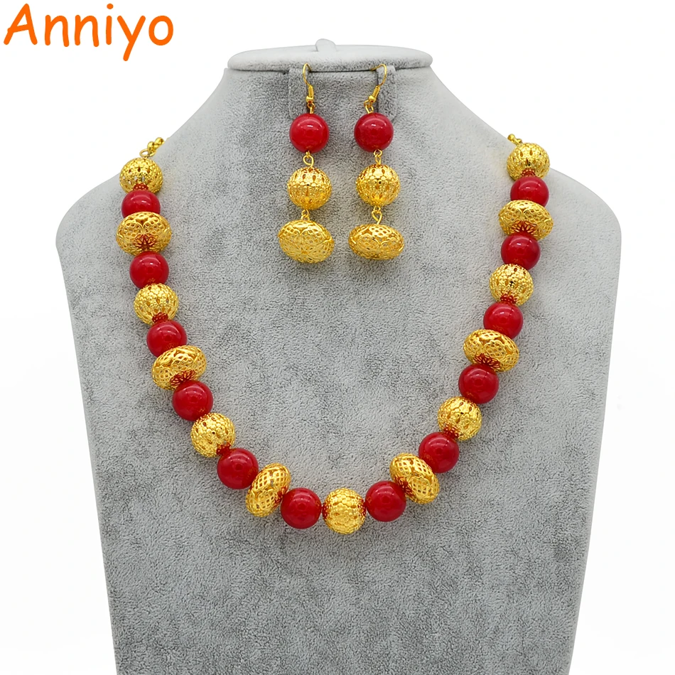 Anniyo 46 см + 10 бусы ожерелье и серьги для женщин модные золотые Цвет украшением в