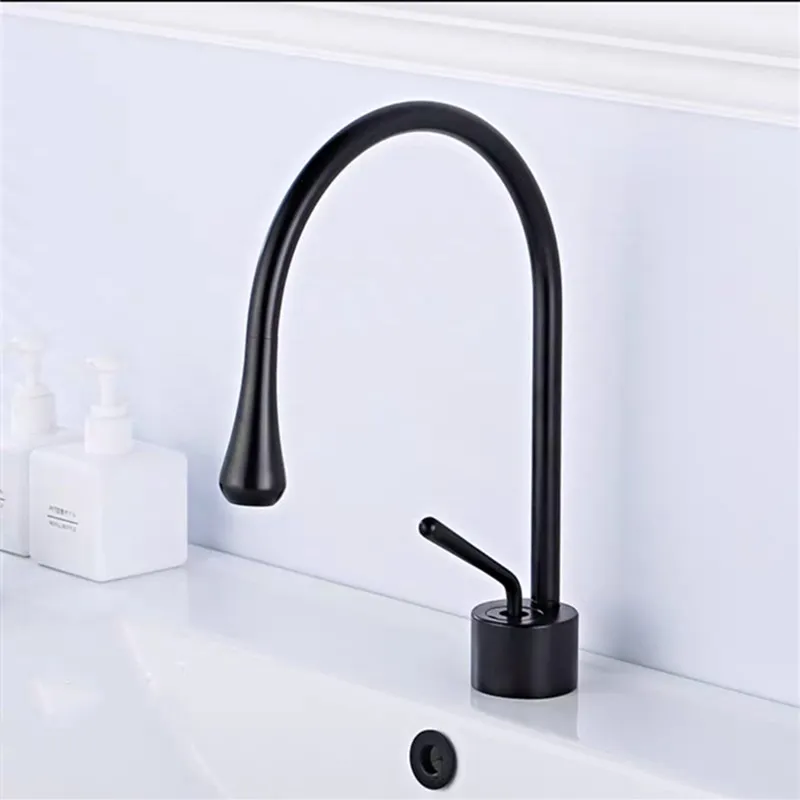 black lower Смеситель для раковины, медный матовый золотой высокий/Низкий смеситель с одной ручкой в форме капли, кран для ванной комнаты, большой изогнутый кран, смеситель для холодной и горячей воды - Цвет: black lower