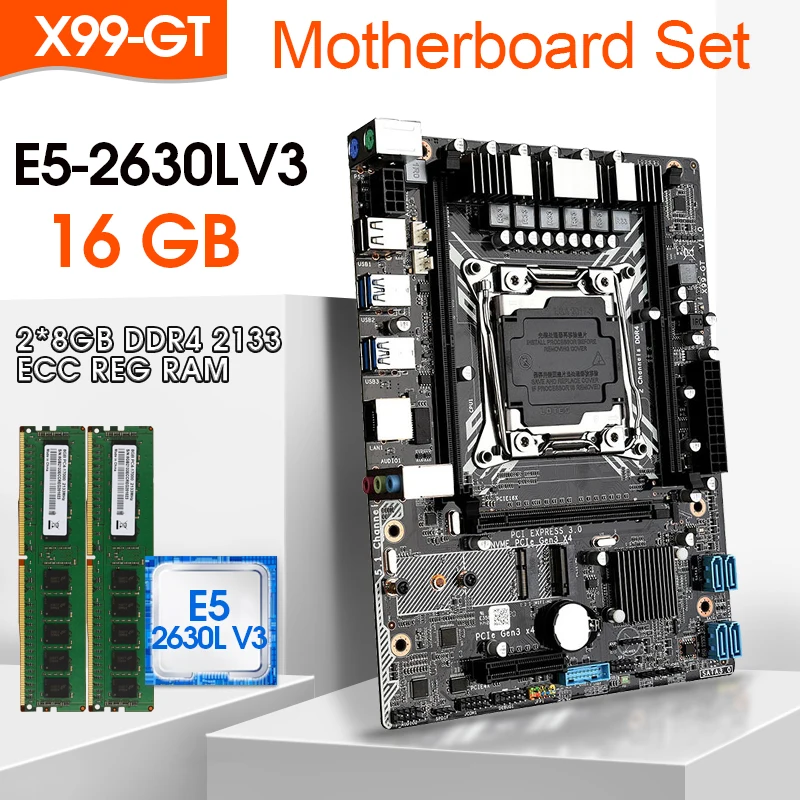Günstig X99 Motherboard Set, E5 2630LV3 LGA2011-3 CPU 2 Stücke * 8GB = 16G 2133MHz DDR4 ECC REG Speicher, M.2 WIFI,NVME M.2 Slot