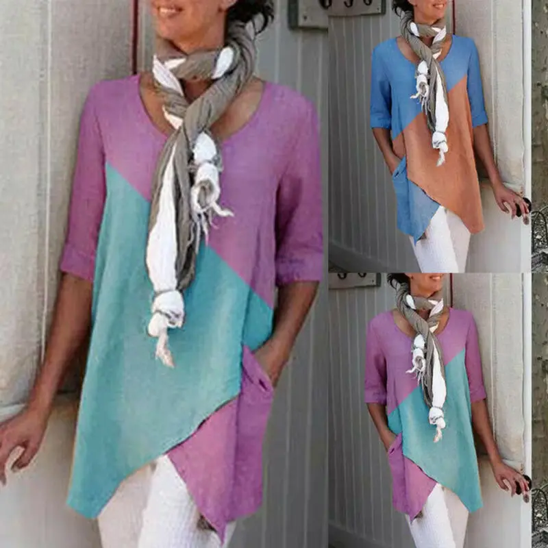 

Autumn Ladies T-shirt Color Matching Casual Loose T-shirt 2019 Newest Women Irregular Hem Tops T Shirt Plus Size T-shirt S-2XL